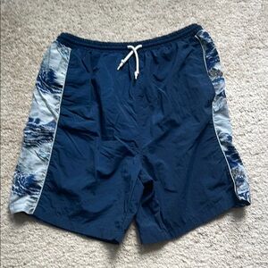 Navy Blue Swim Trunks with Camouflage Side Panels and Quick-Dry Fabric